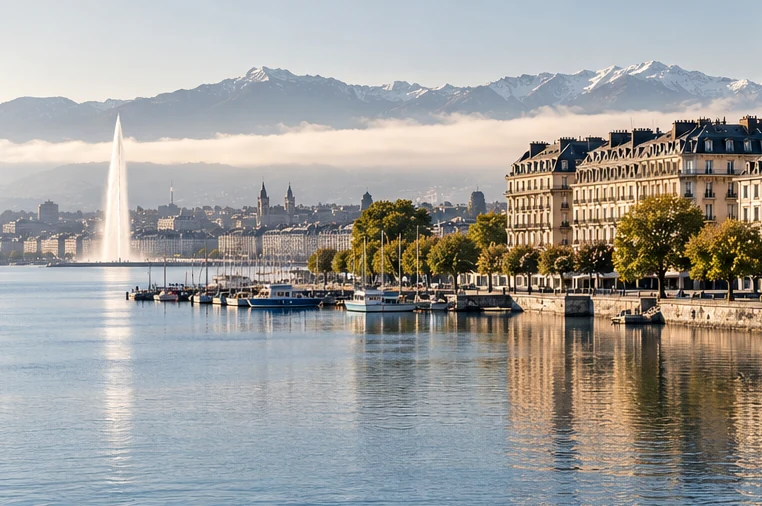 Lakefront cityscape in a Swiss-inspired editorial photograph